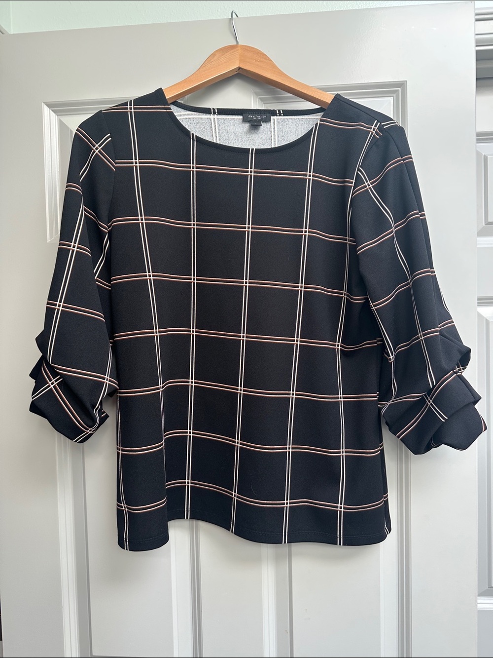 Ann Taylor Factory Black Blouse with Tan Windowpane Check